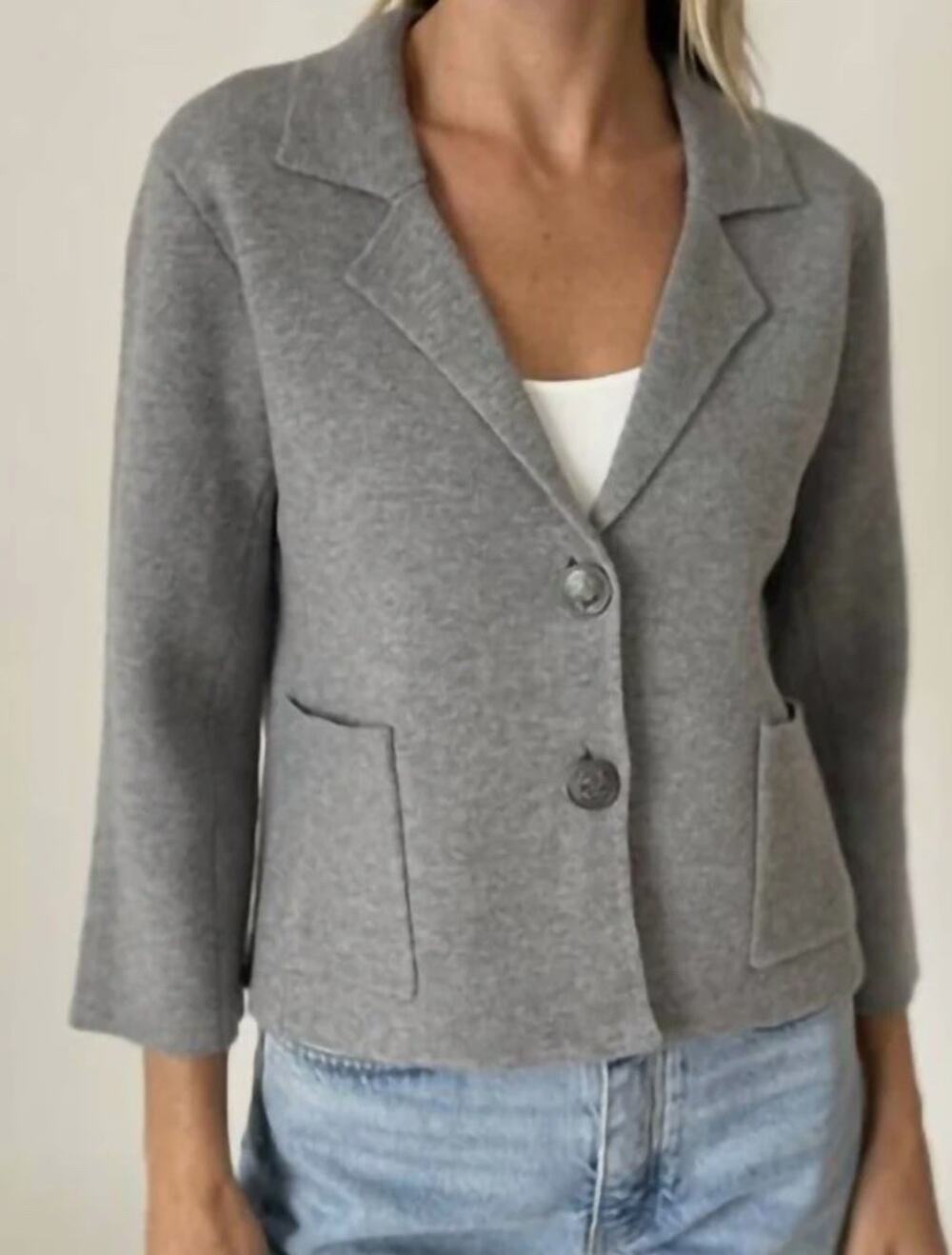 Six/Fifty Knit Cropped Button Front Heather Gray 3/4 Sleeve Cardigan Blazer Sz S